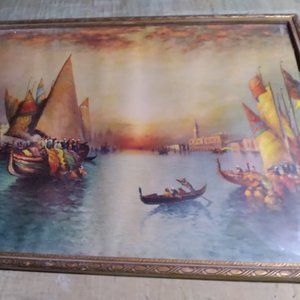 Venice channel with boats, signed
